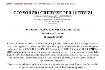 Avviso del Consorzio Chierese per i Servizi - Sciopero nazionale igiene ambientale 10 dicembre 2025